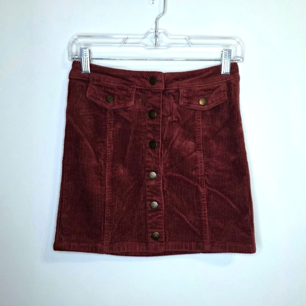 Blue Spice Y2K Dark Red Corduroy Snap Button Mini Skirt Size 3 Dark Academia
